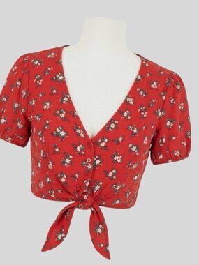 AE Womens Medium Red Floral Tie Front Crop Top Short Sleeve Summer Blouse